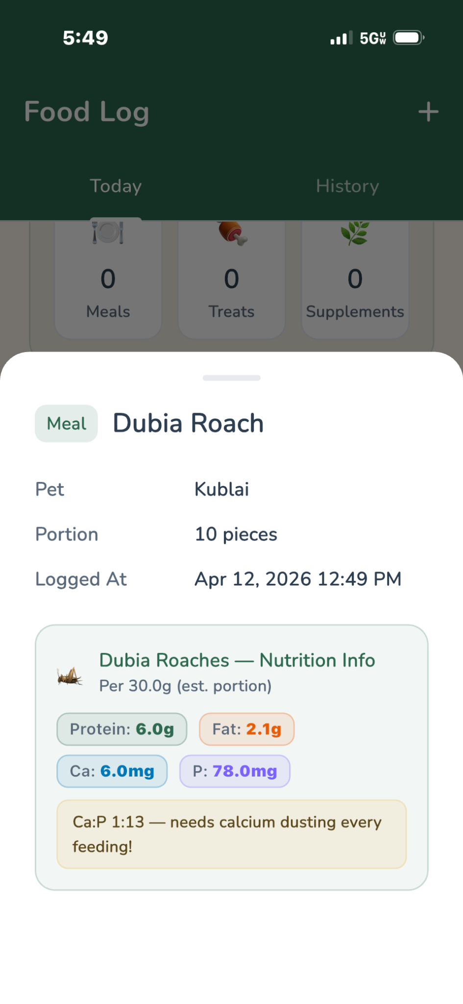 Arkive food log with reptile nutrition details