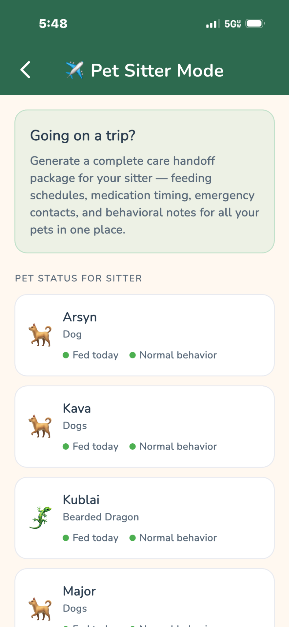 Arkive pet sitter mode with pet status cards