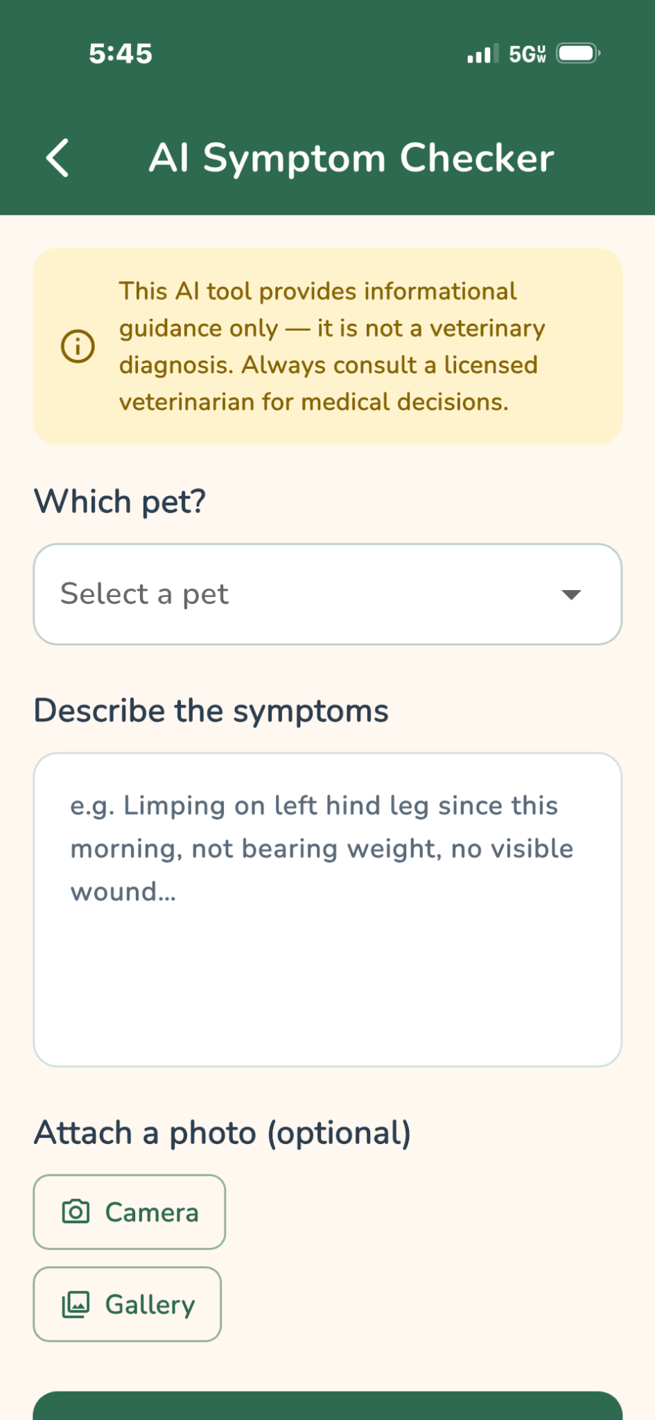 AI symptom checker with veterinary disclaimer